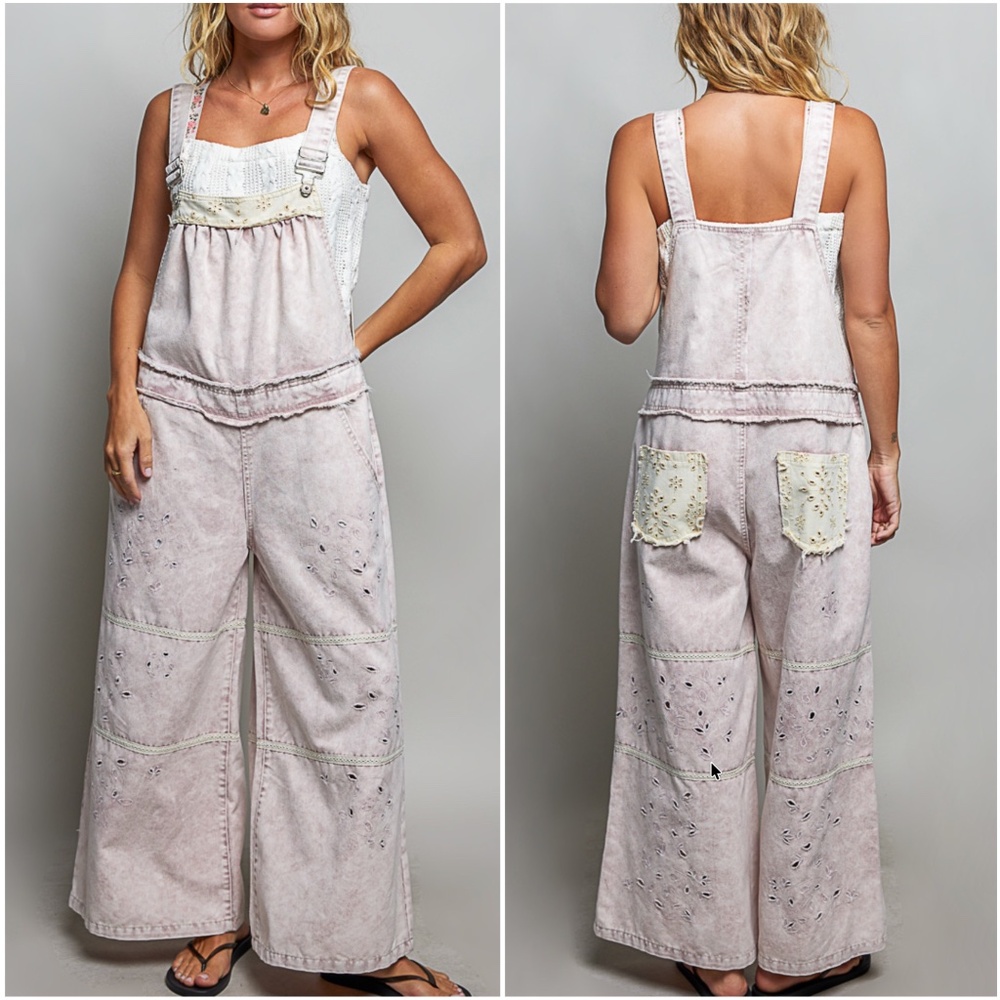 NWT POL Women's Light Pink Distressed Denim Overalls